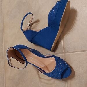 Royal Blue Suede Ankle Strap Platform Wedges with Silver Studs
